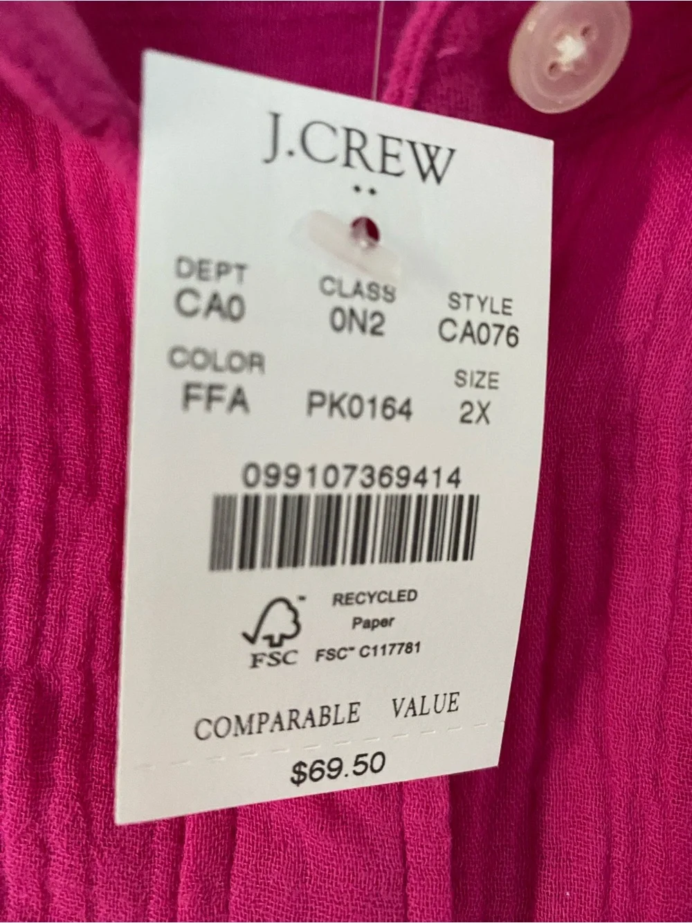 NWT NEW J. Crew Gauze Button Down Sleeveless Top Pink 2X